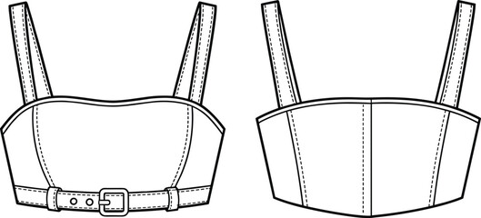 Women crop top fashion design, CAD drawing flat vector illustration of stylish strappy bustier top with belt and seams details