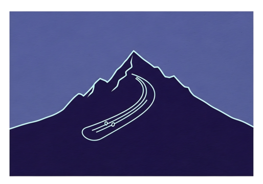 静かな山の頂へ続く道、神秘的な風景イラスト。冬の山の冒険と雪景色、背景素材に最適。