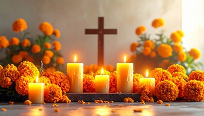 All Souls Day Altar with Glowing Candles, Orange Marigold Flowers, and Crosses. Spiritual Remembrance and Devotion