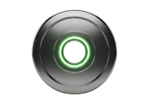 円形金属オブジェクト、緑色発光、未来的デザイン、シンプル背景、技術的イメージ、スタイリッシュな質感