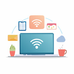 Laptop with Wi-Fi Symbol Surrounded by Icons for Organization and Productivity