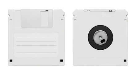 Two floppy disks front and back views isolated on transparent background