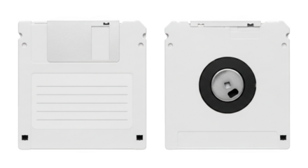 Two floppy disks front and back views isolated on transparent background