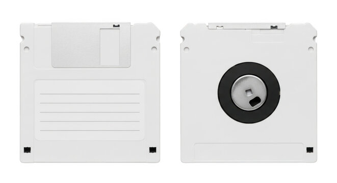 Two floppy disks front and back views isolated on transparent background
