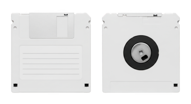Two floppy disks front and back views isolated on transparent background