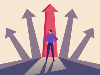 Man stands at a crossroads choosing the correct path forward with multiple arrows indicating different directions