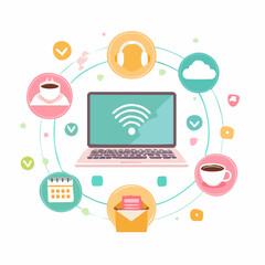 A modern flat design concept illustrating the ecosystem of a connected digital life, showcasing online communication, productivity tools, and internet services