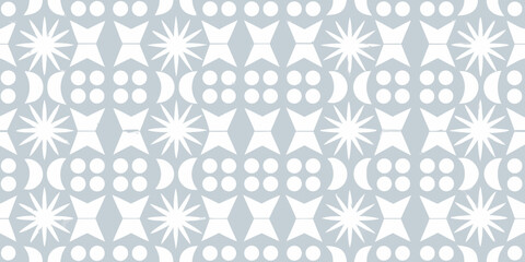 Geometric pattern with white stars moons and circles on a light blue background