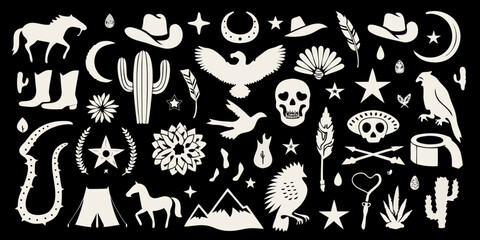 Collection of western and native american inspired icons and symbols on a black background