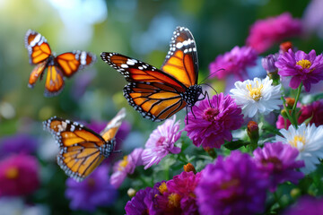 Naklejka premium Colorful butterflies flutter among blooming flowers in a vibrant garden at midday