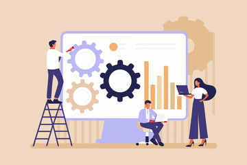 Team of professionals collaborating on a digital project with gears and charts on a large screen