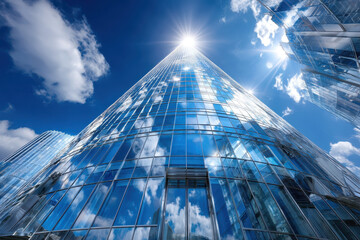 Modern skyscraper reflects sunlight and clouds during a bright day in an urban setting