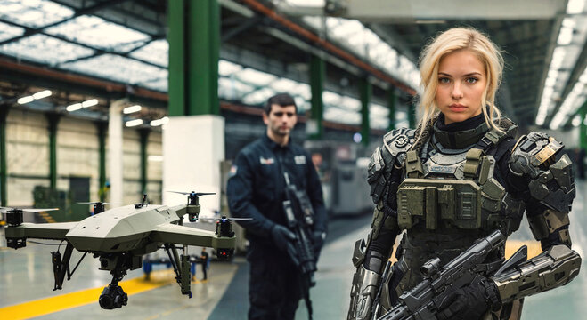 serious female soldier with drone and man in industrial setting