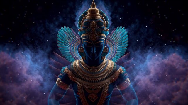 Majestic blue-skinned deity with golden armor and ornate wings floating serenely in a cosmic nebula, slowly revealing its full form against a backdrop of twinkling stars and celestial energy