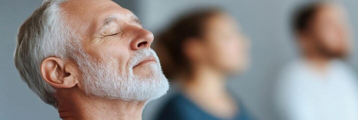 Senior man practicing mindfulness, breathing deeply with closed eyes during meditation session, finding peace and stress relief with other participants in blurred background