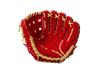 赤いバラで飾られた野球グローブ、美しい花柄のスポーツ用品、創造的なデザインが目を引く