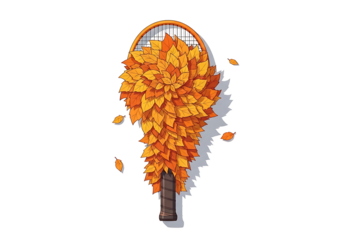 秋色の葉が舞うテニスラケット：スポーツと季節の美しい融合。創造的なイメージ。