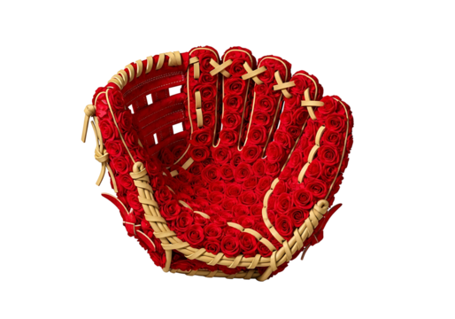 赤いバラで飾られた野球グローブ、美しい花柄のスポーツ用品、創造的なデザインが目を引く