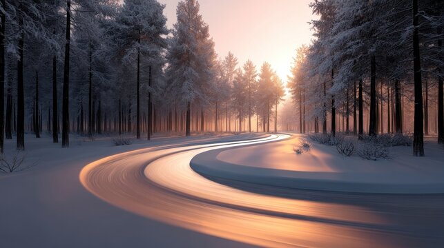 Snowy winter forest path