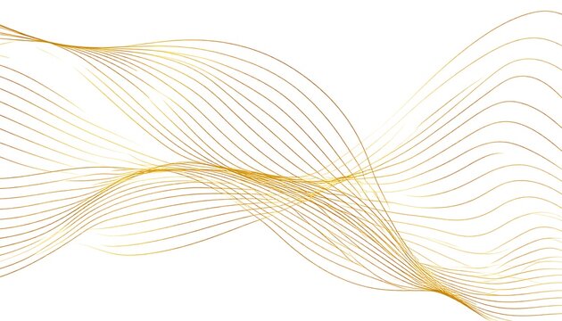 Elegant abstract composition featuring flowing golden lines, gracefully curving across a clean white background. The lines intertwine and undulate