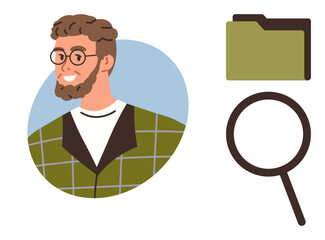 Bearded man wearing glasses, green plaid jacket. Nearby folder and magnifying glass represent search, organization, analysis. Ideal for teamwork, data, research, management technology business