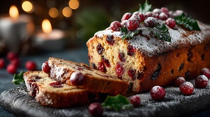 Festive, homemade Christmas fruit loaf, generously decorated with fresh cranberries, holly leaves, and a delicate dusting of powdered sugar on a marble surface.