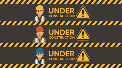 Construction workers with hard hats and warning signs indicate area under construction, ideal for safety and infrastructure projects