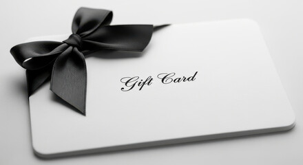 Elegant white gift card with a black satin bow and subtle textured background for special occasions