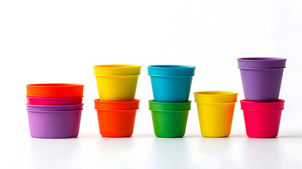 Colorful flower pots vibrant rainbow plastic planters stacked containers gardening bright modern containers assorted hues on clean white backdrop for home decor or kids crafts