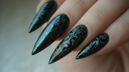 Elegant Black Glitter Stiletto Nails with Embossed Pattern