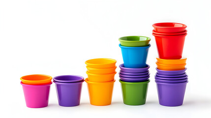 Colorful Pots Stacks on White, Bright Set of Multicolored Plastic Containers Grouped by Color, Arranged in Ascending Order, Fun and Cheerful Composition, Playful and Educational Concept Isolated on