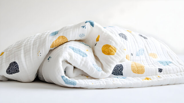 Baby Blanket White Muslin Fabric with Colorful Playful Abstract Shapes, Soft Quilted Texture Newborn Swaddle Blanket, Modern Minimalist Infant Bedding for Nursery Decor