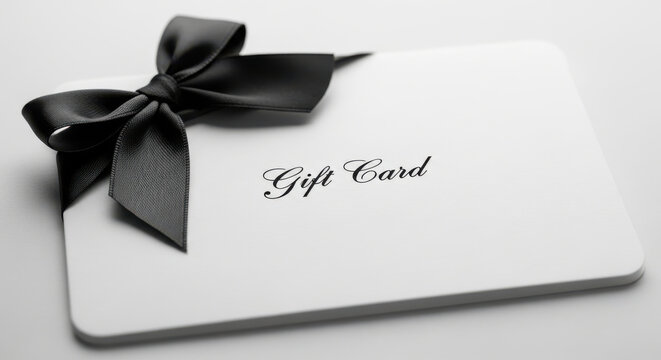 Elegant white gift card with a black satin bow and subtle textured background for special occasions