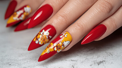Stunning Red Stiletto Manicure with Hand-Painted Flowers