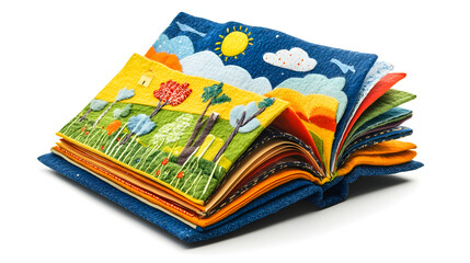 Fabric book for toddlers portraying nature landscapes with trees, sun and clouds, colorful handmade education material with soft denim cover, detailed textile art creation for kid's development and