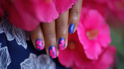 Vibrant Blue and Pink Floral Nail Art