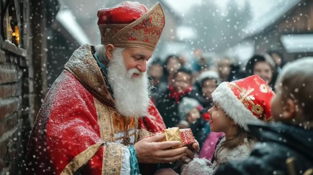 Saint Nicholas dressed in a traditional red bishop outfit, giving gifts to children in a cozy winter setting, symbolizing kindness and generosity