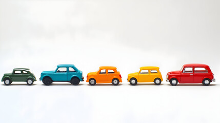 Toy Cars in a Row Classic Miniatures Green Blue Orange Yellow Red Cute and Bright Cars for Kids Play Collection of Colored Autos Lined Up on White Background Automotive Fun