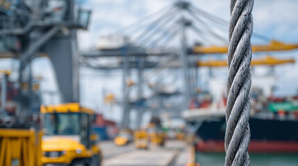 Close-up of a steel cable system on container crane, mechanical details in shallow focus