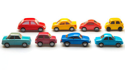 Toy Cars Brightly Colored Miniature Vehicles Arranged in a Row Vintage Style Collection of Classic Cars for Kids Play and Automotive Enthusiasts Red Yellow Blue Teal Maroon Plastic Models