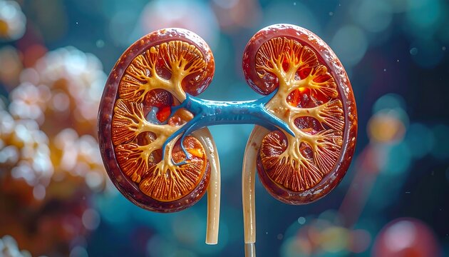 Detailed anatomical illustration of a human kidney, sliced open to display internal structures. Focused on the vivid details and vibrant colors