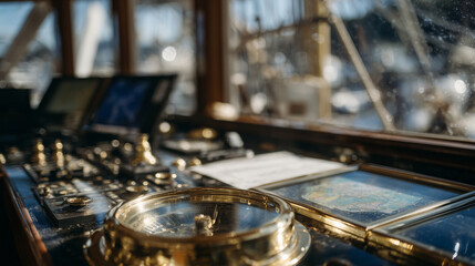 Shipâs navigation bridge close-up, detailed instruments and glass reflections of the port
