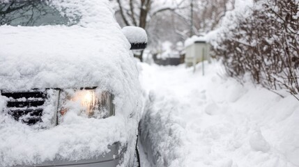 Snow covered car on driveway during heavy blizzard, frozen vehicle under thick snow, ice storm and cold winter weather, dangerous roads and transportation challenges in suburban neighborhood