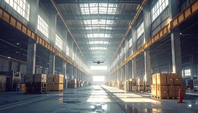 Expansive industrial interior with overhead windows illuminating a long corridor, a drone hovers, and rows of stacked boxes