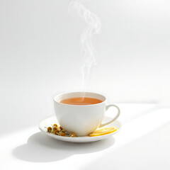 Fototapeta premium Herbal tea cup with steam rising on white background in soft light 