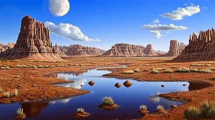 Painted Desert Oasis: A Serene Vista of Red Rocks and Reflective Water