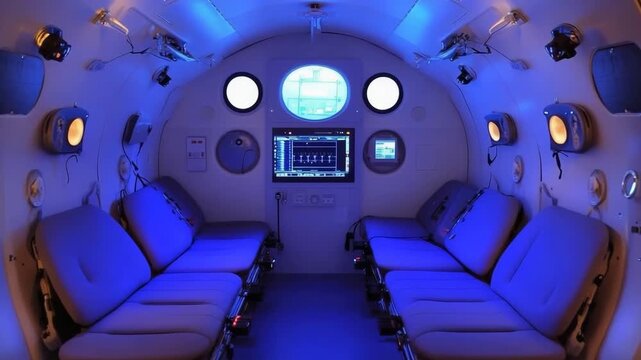 Gen Turbo zooms in on a hyperbaric chamber interior with slow pan highlighting seating and control panel features