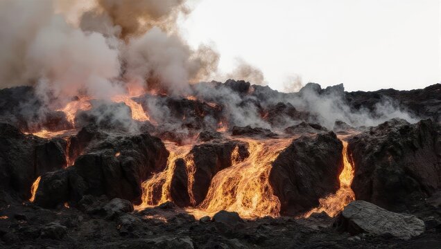 Molten lava flows from a volcanic eruption, creating a dramatic and fiery landscape.