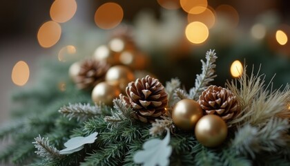 Festive Christmas wreath with pinecones, golden ornaments, and evergreen branches, illuminated by warm bokeh lights