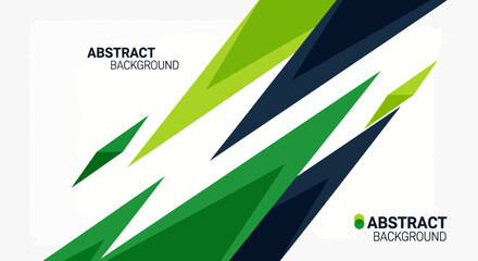 Abstract background with sharp green and dark blue geometric shapes on a white canvas.